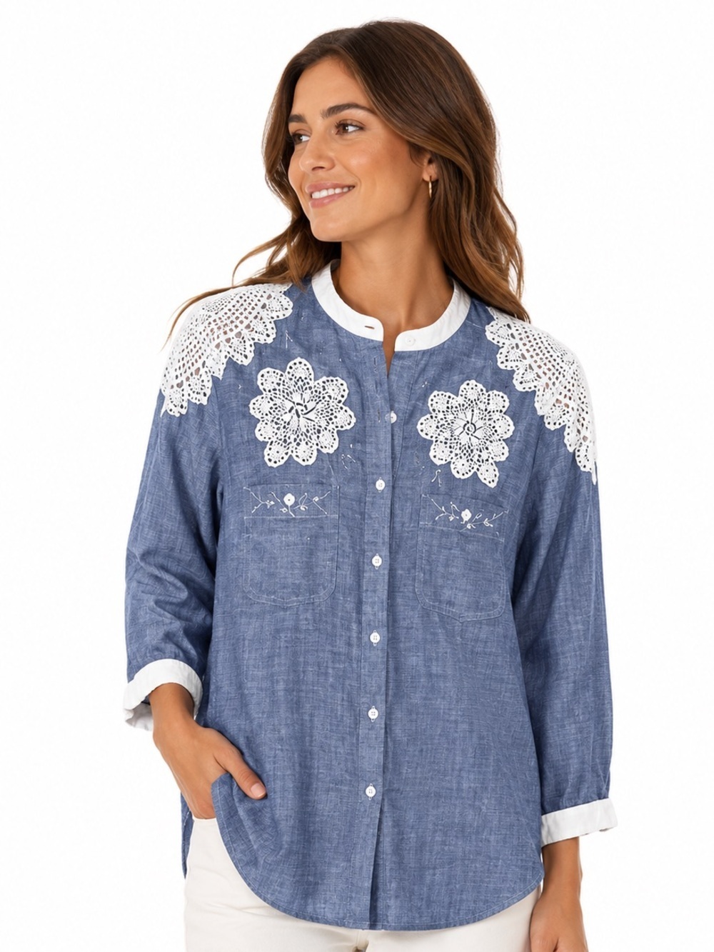 Vintage GAP Chambray Lace Button-Up Shirt Blue White Crochet Large